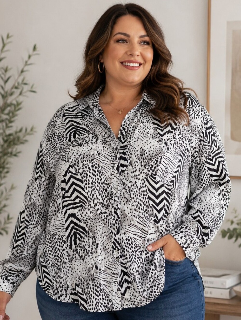 Vintage Metro Express 100% Silk Multi Animal Print Black & White Women Shirt 3X
